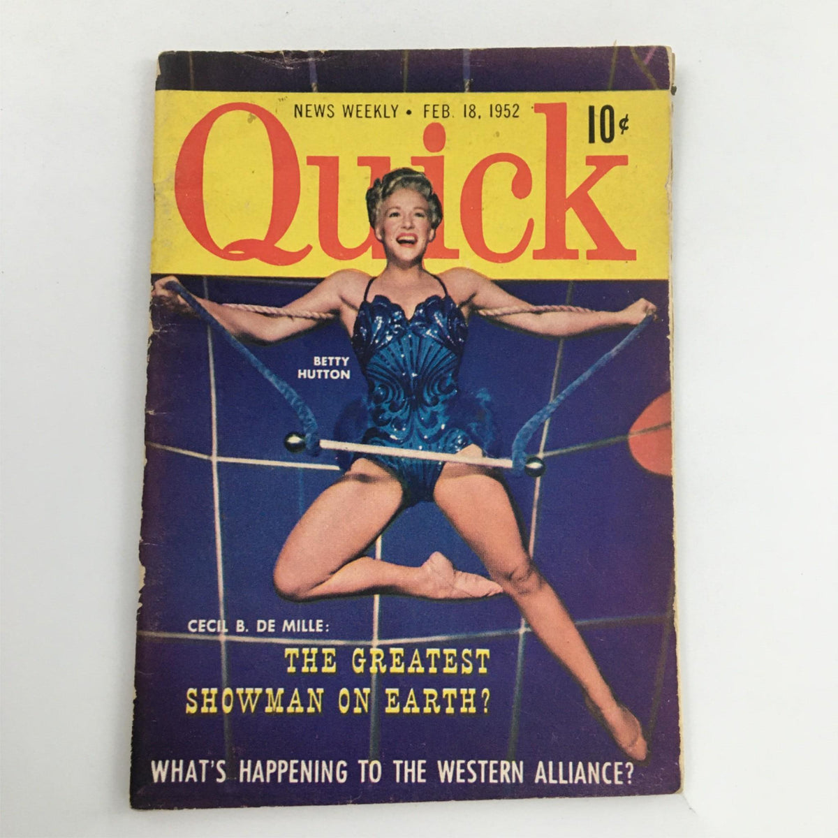 Quick Magazine February 18, 1952 cover featuring Betty Hutton in a dazzling swimsuit, promoting Cecil B. De Mille and discussing 'The Greatest Showman on Earth?'