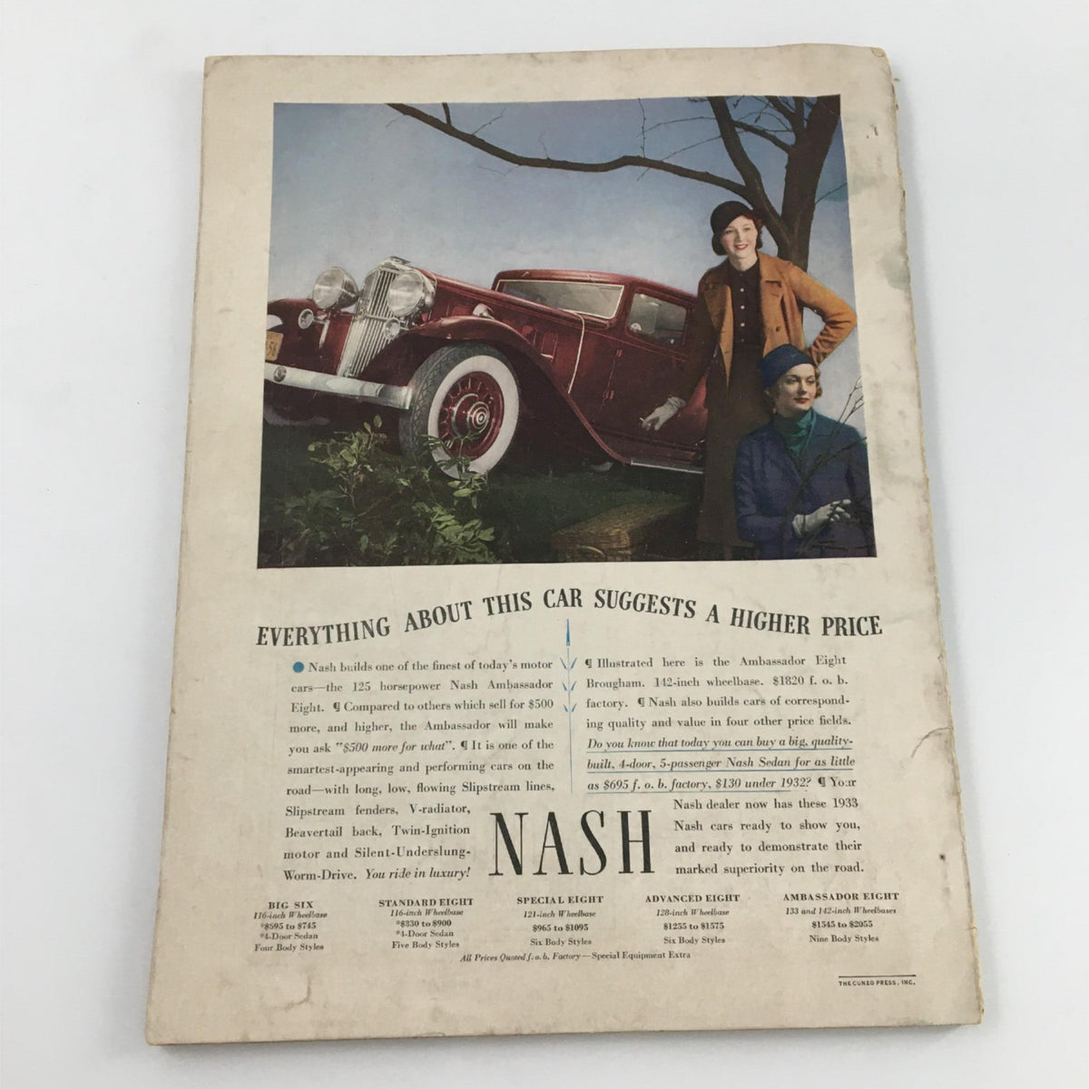 Back cover of Hearst's International with Cosmopolitan Magazine May 1933, showcasing an advertisement for Nash automobiles with two women in vintage clothing posing beside a red car.