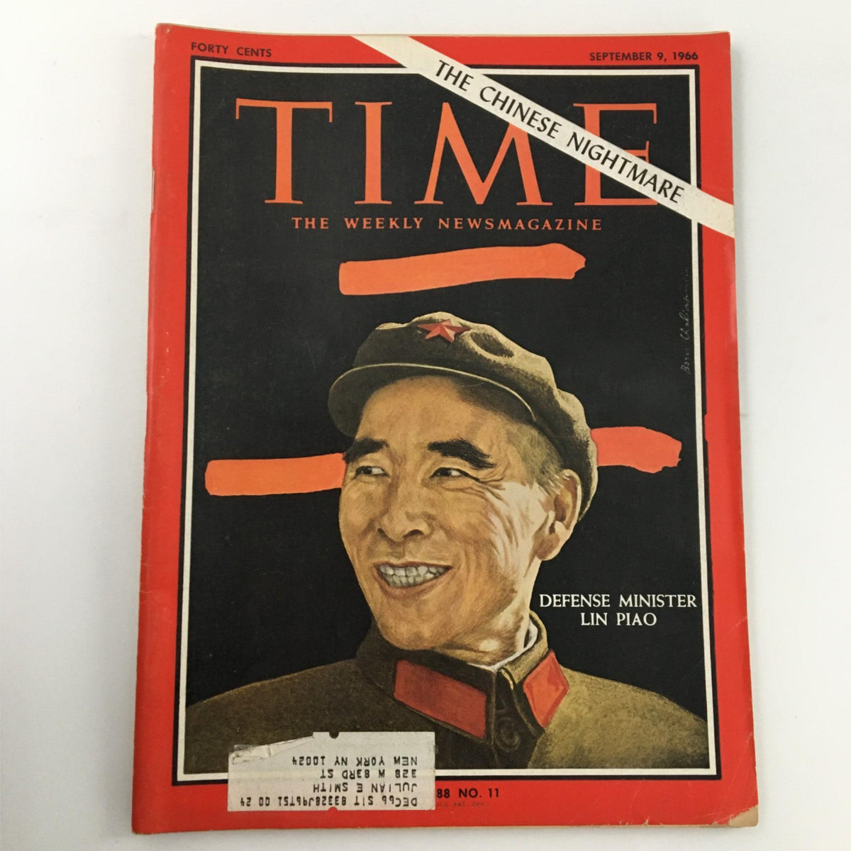 Vintage Time Magazine cover from September 9, 1966 featuring Defense Minister Lin Piao with the headline 'The Chinese Nightmare'. This magazine highlights a critical period in Chinese political history.