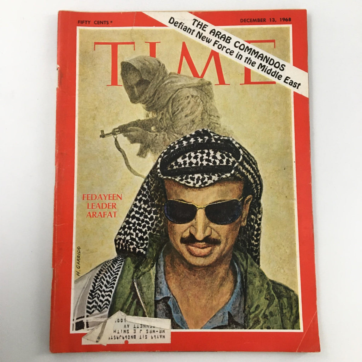 VTG Time Magazine December 13, 1968 featuring Fedayeen Leader Arafat on the cover, highlighting the Arab commandos with a striking illustration.