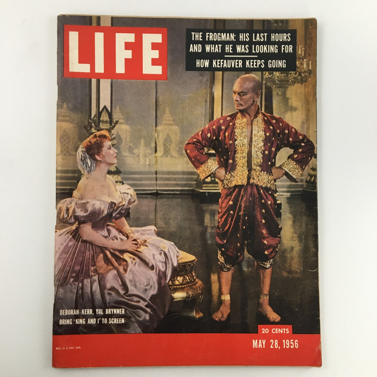 VTG Life Magazine May 28 1956 cover featuring Yul Brynner and Deborah Kerr in a scene representing 'The King and I', showcasing vintage film history and iconic actors from the 1950s.