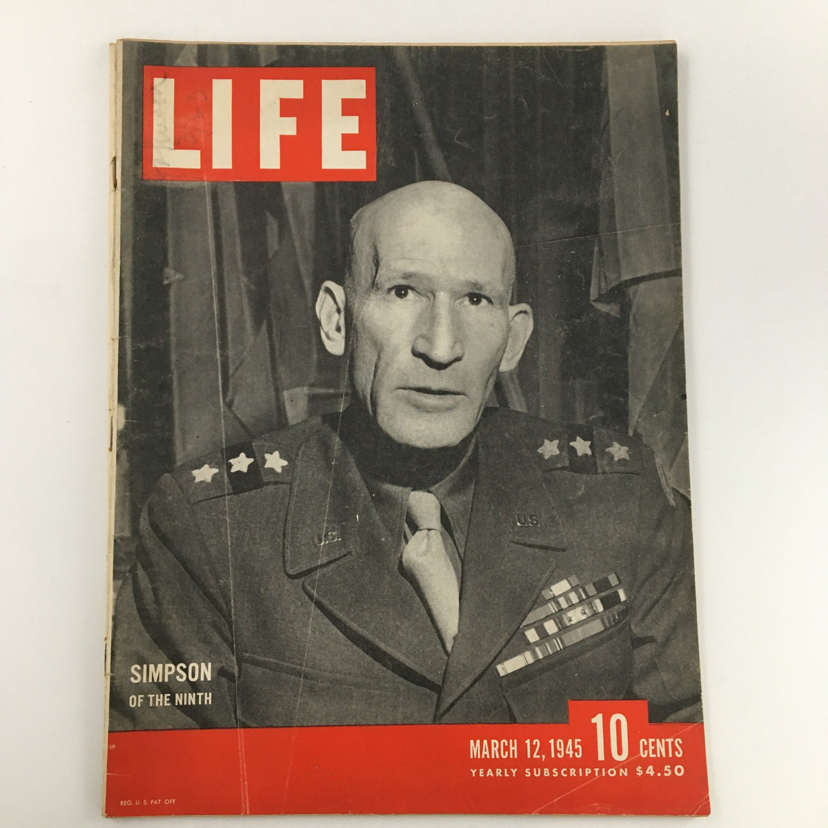 VTG Life Magazine March 12 1945 featuring William Hood Simpson on the cover, displaying the iconic red label and design typical of the era.