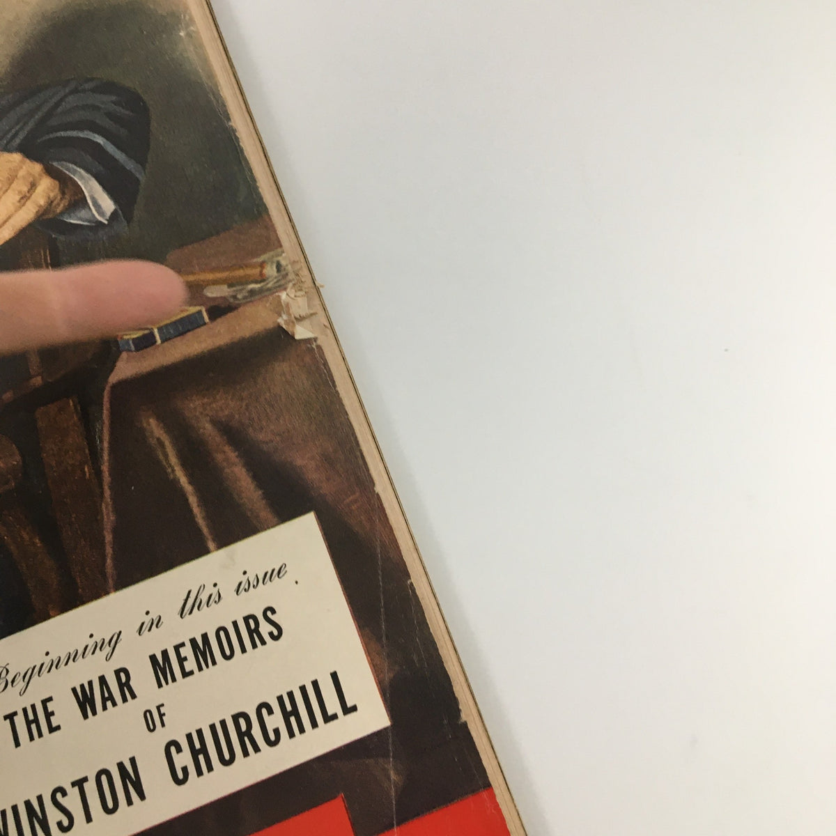 Close-up of the edge of the VTG Life Magazine April 19 1948 cover, featuring The War Memoirs of Winston Churchill, showing minor wear and details.