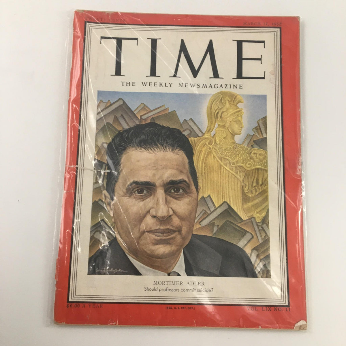 Vintage Time magazine cover dated March 17, 1952 featuring Mortimer Adler, with a headline questioning 'Should professors commit suicide?' The cover displays a portrait of Adler set against a backdrop of classical figures and books, reflecting the era's intellectual themes.