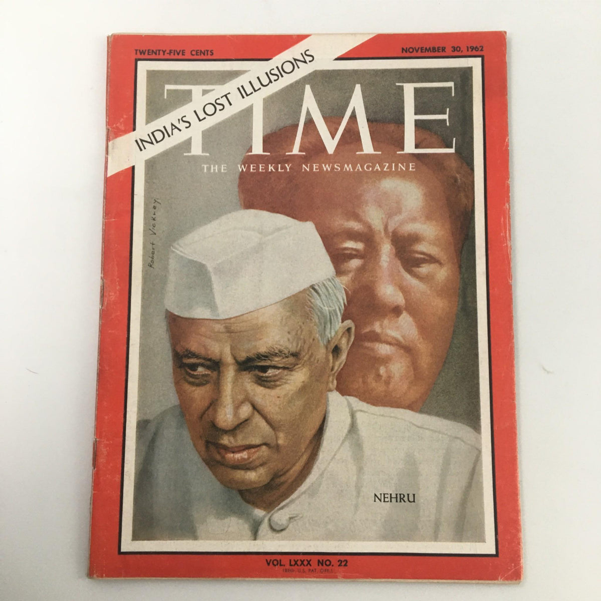 Vintage Time Magazine cover featuring 'India's Lost Illusions' from November 30, 1962, highlighting Jawaharlal Nehru against a backdrop of significant historical context.