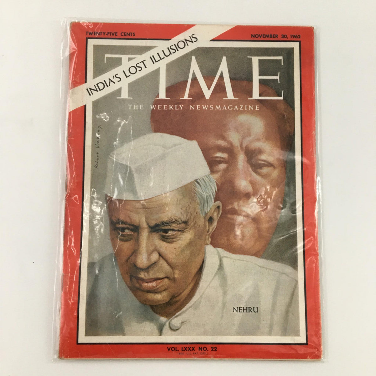 Protected vintage Time Magazine cover of 'India's Lost Illusions' from November 30, 1962, showcasing Jawaharlal Nehru, preserved in bagged condition.