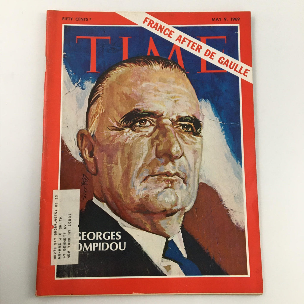 Cover of Time Magazine dated May 9, 1969 featuring George Pompidou, highlighting France after De Gaulle. The vibrant illustration captures Pompidou's likeness with prominent text stating 'France After De Gaulle'.