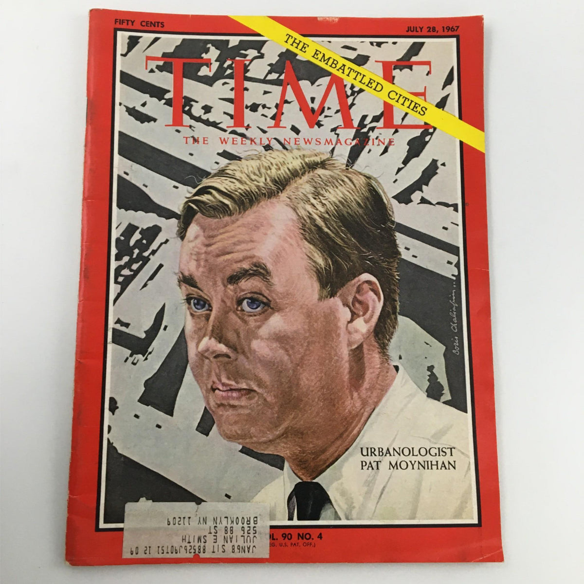 Cover of Vintage Time Magazine from July 28, 1967, featuring an illustration of urbanologist Pat Moynihan with the headline 'The Embattled Cities'. This magazine explores urban challenges and political climate in the 1960s.