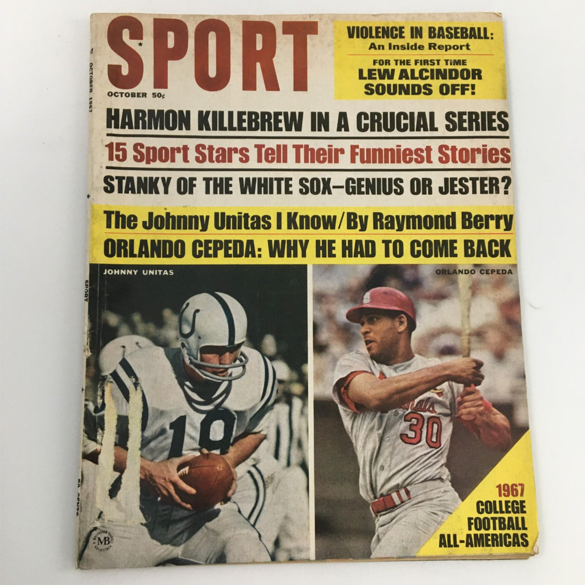 Cover of Sport Magazine from October 1967 featuring Harmon Killerbrew and Johnny Unitas, with headlines highlighting sports articles and stories.