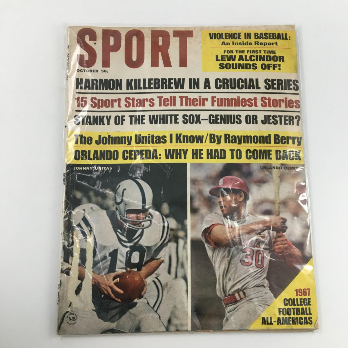 Sport Magazine October 1967 cover photo showcasing Harmon Killerbrew and Johnny Unitas with descriptions of articles about sports legends and culture.