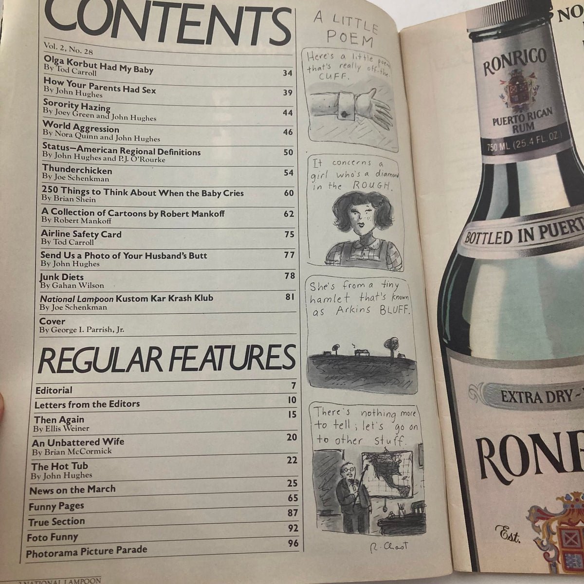 Contents page of Vtg National Lampoon Magazine Nov 1980 Vol 2 No 28, listing articles and humor topics including 'How Your Parents Had Sex' and 'Sorority Hazing', highlighting the comedic nature of the magazine.