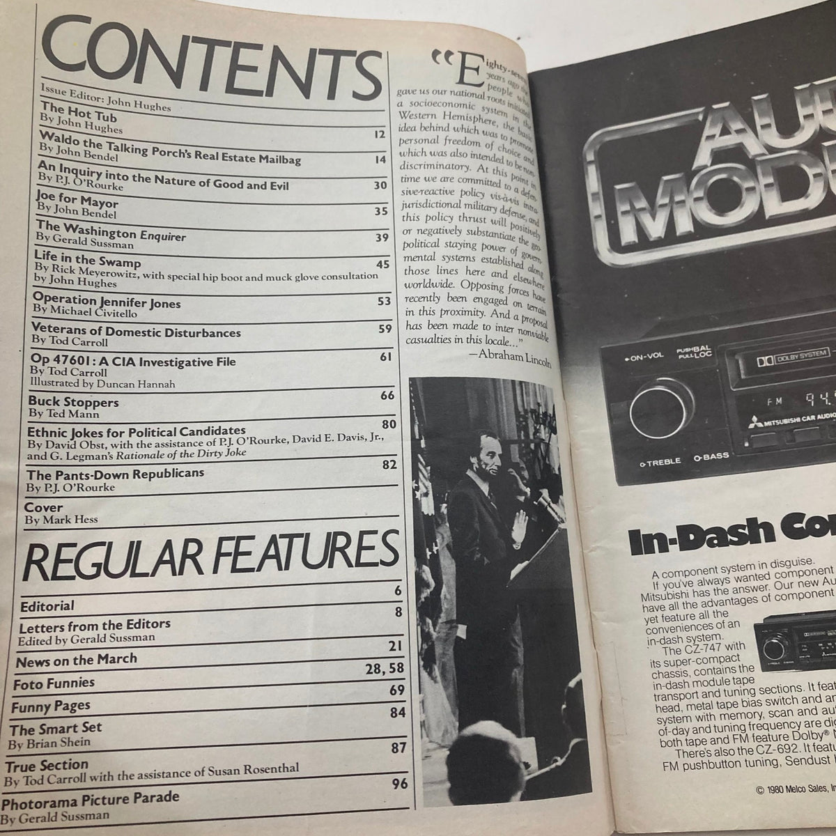Contents page of Vintage National Lampoon Magazine July 1980 titled 'Slime, Swill and Politics' listing articles and features with notable editorials from John Hughes and others.
