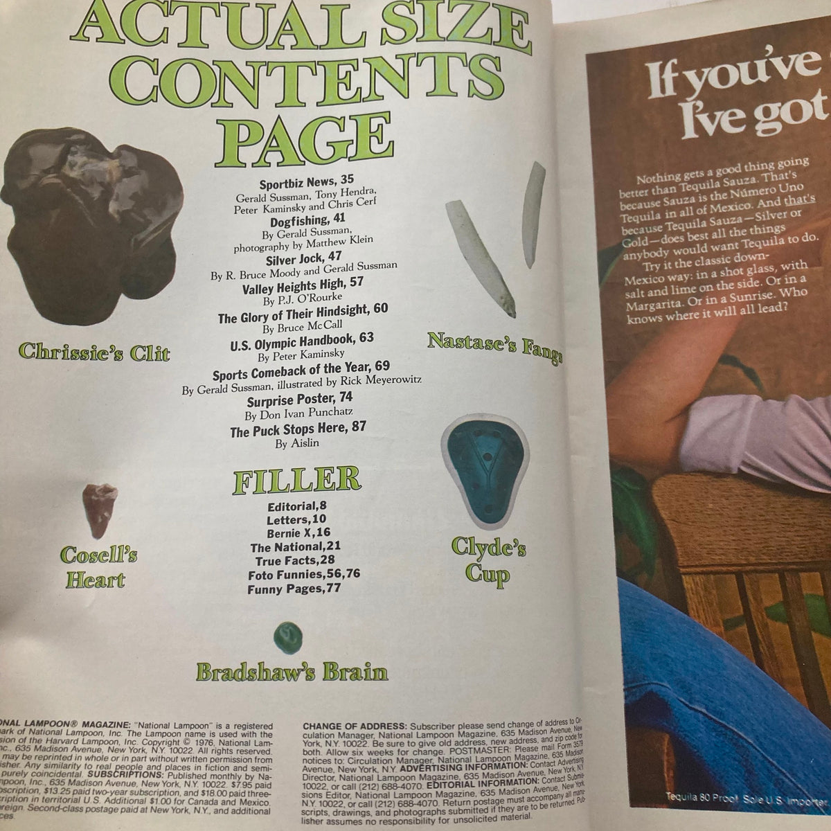 Inside the Vintage National Lampoon Magazine from April 1976, showcasing the actual size contents page with humorous titles and illustrations.