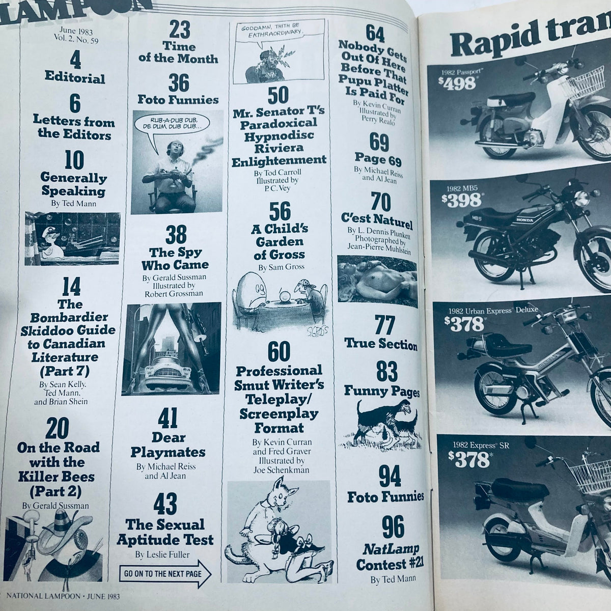 Interior page of Vintage National Lampoon Magazine June 1983 displaying various article headings, illustrations, and humorous content indicative of the magazine's iconic style in Volume 2, Issue 59, titled 'Unexpurgated Eruption'.