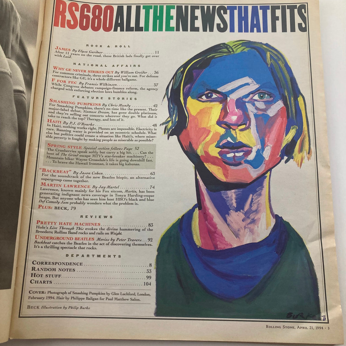 Inside page of Rolling Stone Magazine April 21 1994 #680 highlighting features on Smashing Pumpkins, James, and more, with colorful illustrations and music-related articles.