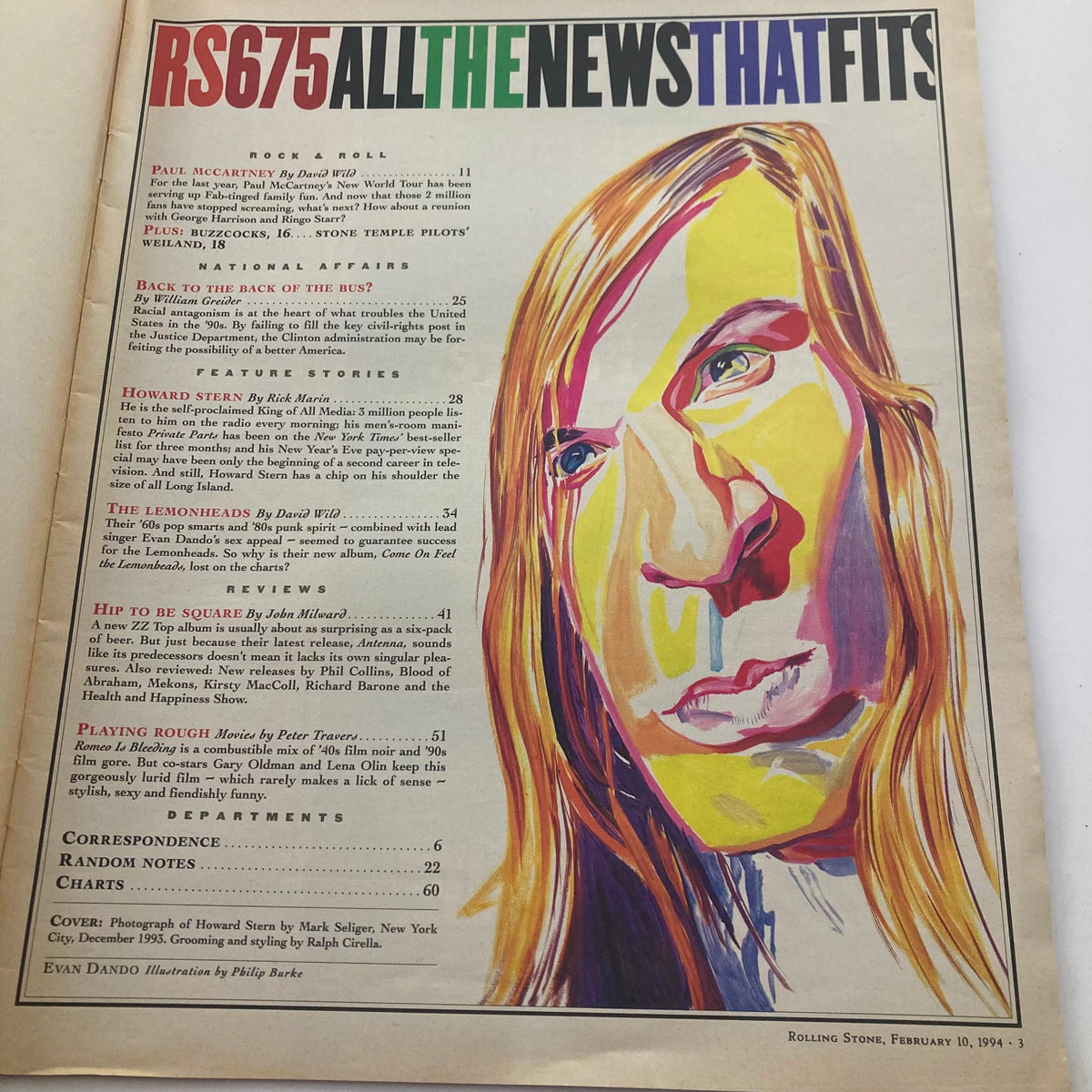 Contents page of Rolling Stone Magazine February 10 1994, Issue #675, featuring articles including Howard Stern and Paul McCartney. The colorful design represents 1990s pop culture and editorial style.