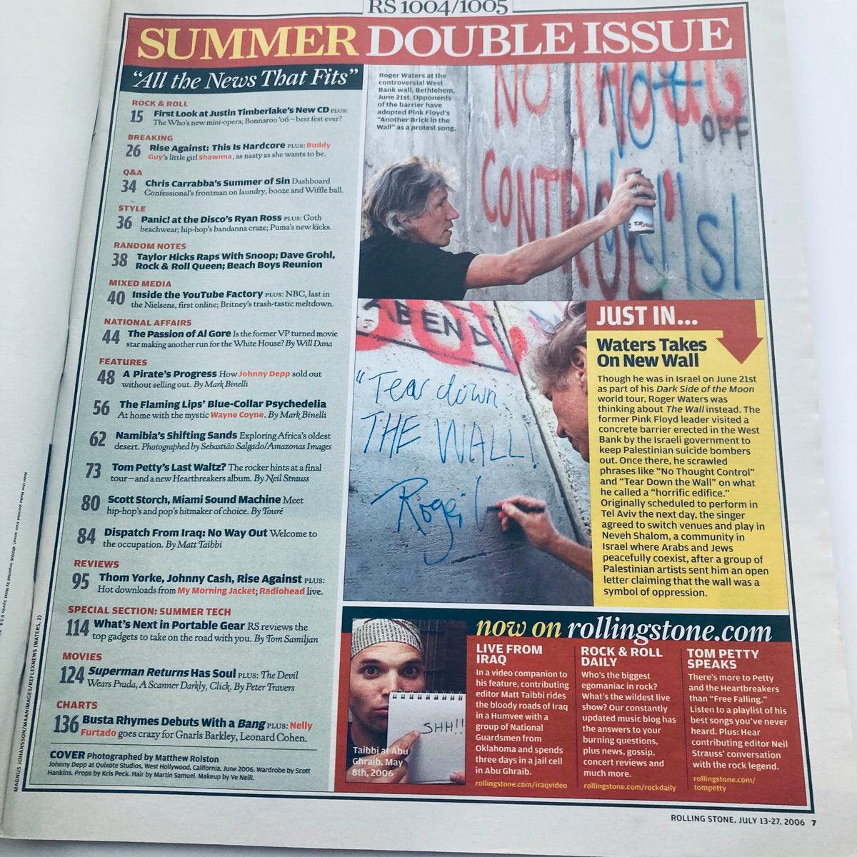 Rolling Stone Magazine July 13 2006 Issue 1004/1005 interior page, highlighting featured articles and content including insights on Johnny Depp and pop culture.