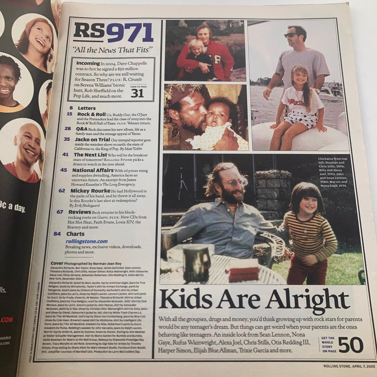 Rolling Stone Magazine April 7 2005 Issue 971 cover featuring a nostalgic image related to Sean Lennon and the theme 'Kids Are Alright', reflecting rock legacy and family connections in music.