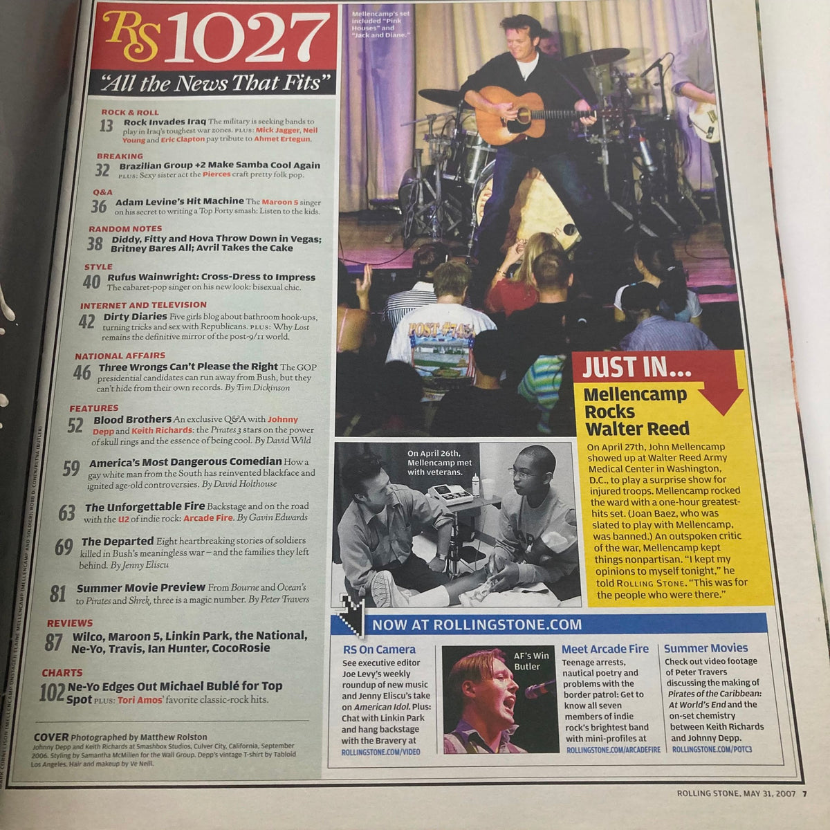 Interior page of Rolling Stone Magazine May 31 2007 #1027 featuring an image of a live performance, along with articles about music events and artists of the mid-2000s.