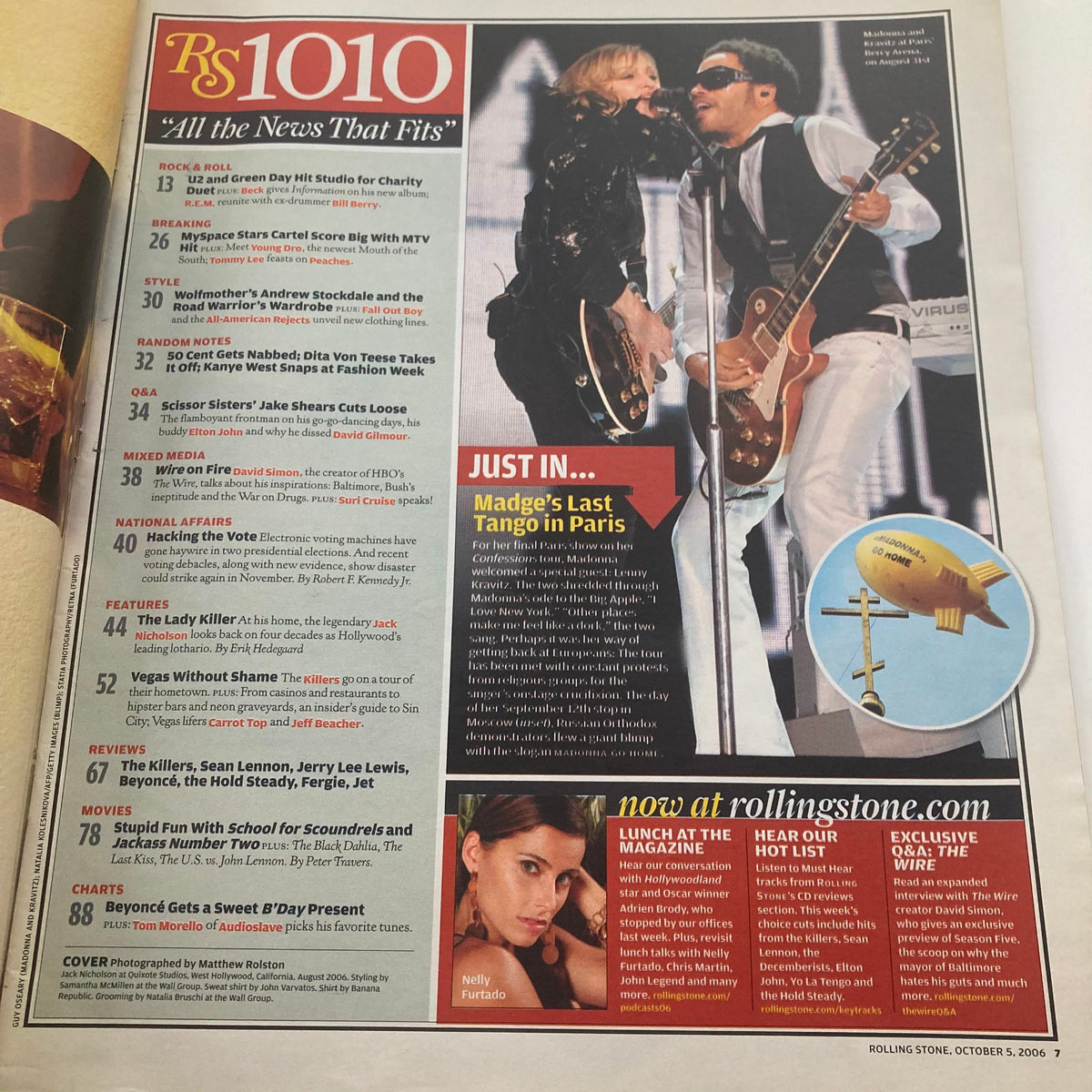 Inside page of Rolling Stone Magazine October 5 2006, Issue 1010, showcasing features on celebrities and music including Madonna, reflecting the vibrant pop culture of the mid-2000s.
