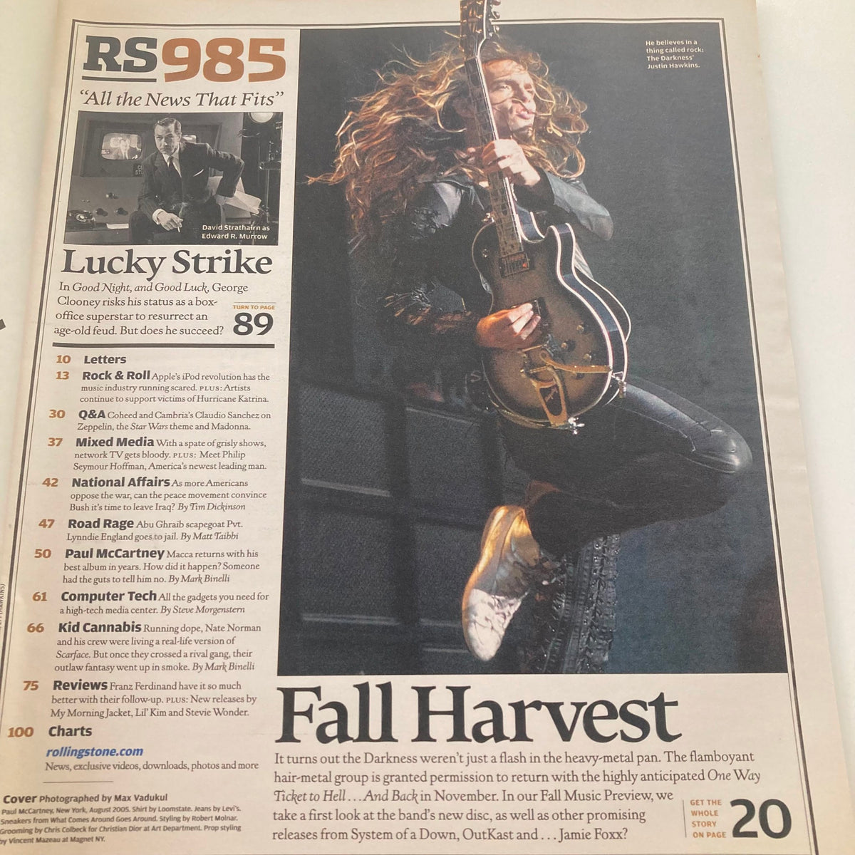 Interior page of Rolling Stone Magazine October 20 2005 featuring article highlights and a photo of a performer with a guitar, showcasing music content and pop culture from that era.