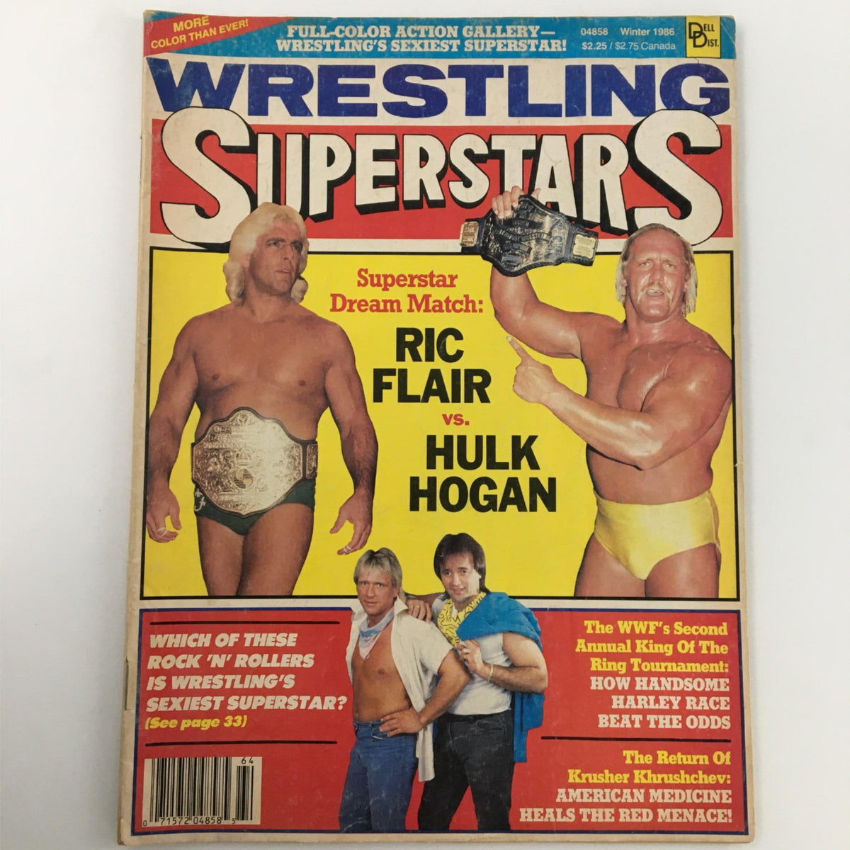 Wrestling Superstars Magazine Winter 1986 cover featuring Ric Flair vs. Hulk Hogan, showcasing an iconic wrestling match, vibrant colors, and promotional text.