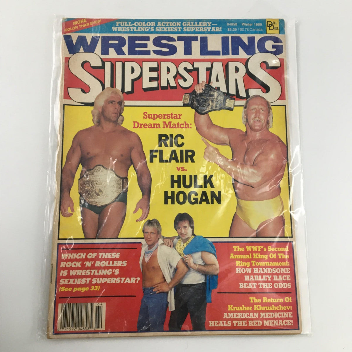 Wrestling Superstars Magazine Winter 1986 cover in protective plastic, highlighting the championship match between Ric Flair and Hulk Hogan, with details about wrestlers and features.