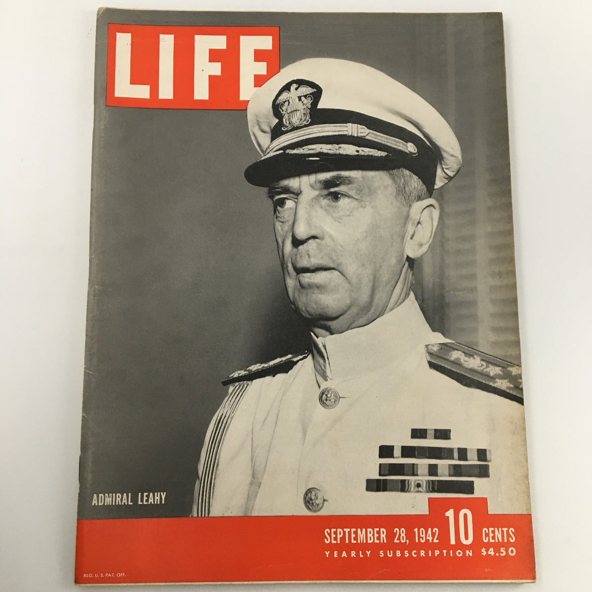 Cover of VTG Life Magazine from September 28, 1942 featuring Admiral William D. Leahy, showcasing his portrait in military attire with ranks and medals.