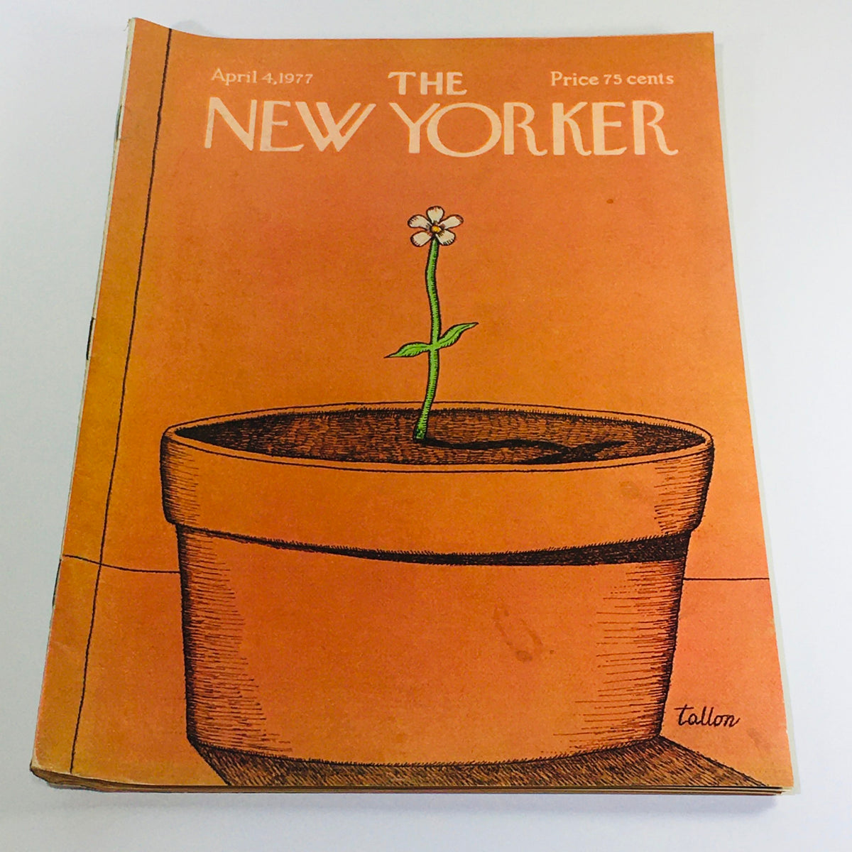 The New Yorker: April 4, 1977 magazine cover featuring a hand-drawn illustration of a flower growing in a pot by Robert Tallon, displaying a vintage aesthetic from the 1970s.