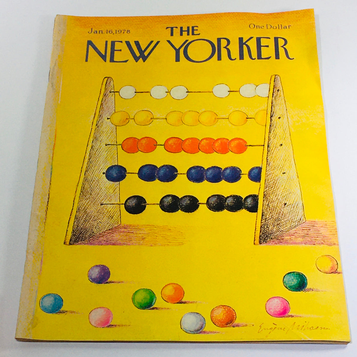 Cover of The New Yorker magazine dated January 16, 1978 featuring an artistic illustration by Eugene Mihaesco, showcasing a yellow background with a colorful abacus and vibrant balls scattered around.