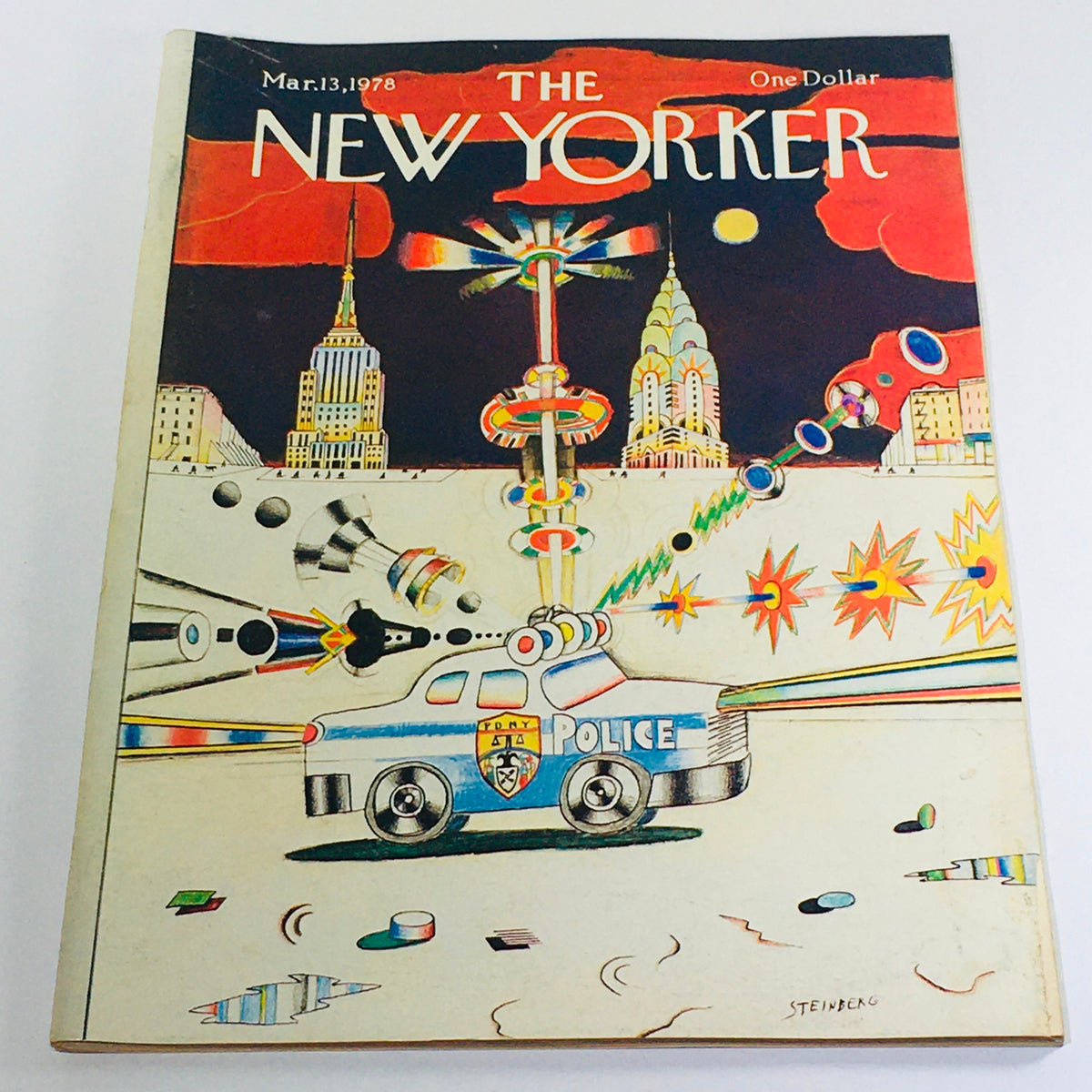 Cover of The New Yorker magazine dated March 13, 1978, featuring a theme cover illustration by Saul Steinberg, showcasing a vibrant cityscape with a police car and artistic elements.