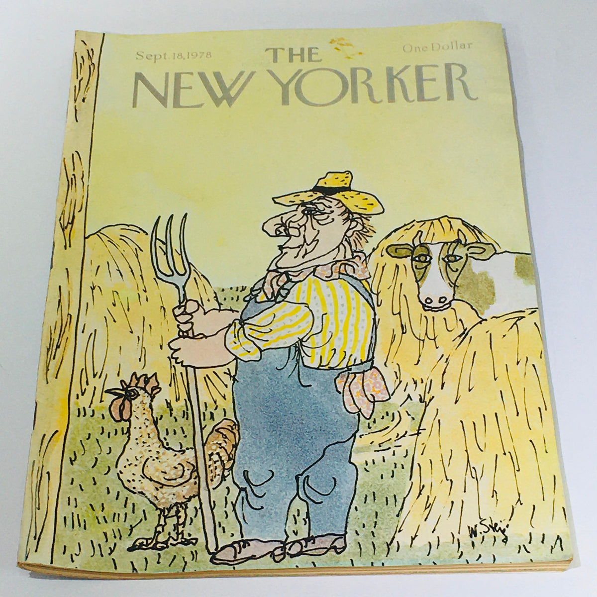 Cover of The New Yorker magazine from September 18, 1978, illustrated by William Steig, featuring a farmer with a pitchfork, a hen, and hay bales.