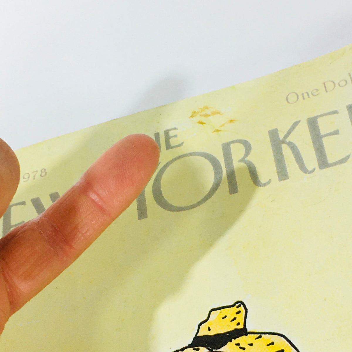 Close-up view of the September 18, 1978 issue of The New Yorker, showcasing the magazine title and a small mark on the cover, as well as an illustration by William Steig.