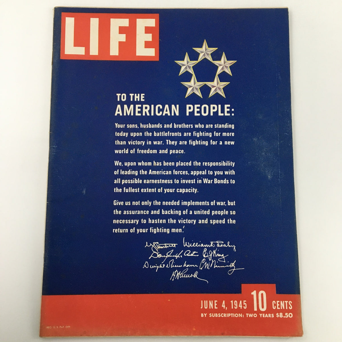 Cover of VTG Life Magazine dated June 4, 1945, featuring a patriotic message 'To the American People,' with a blue background and star emblem, highlighting wartime support and history.