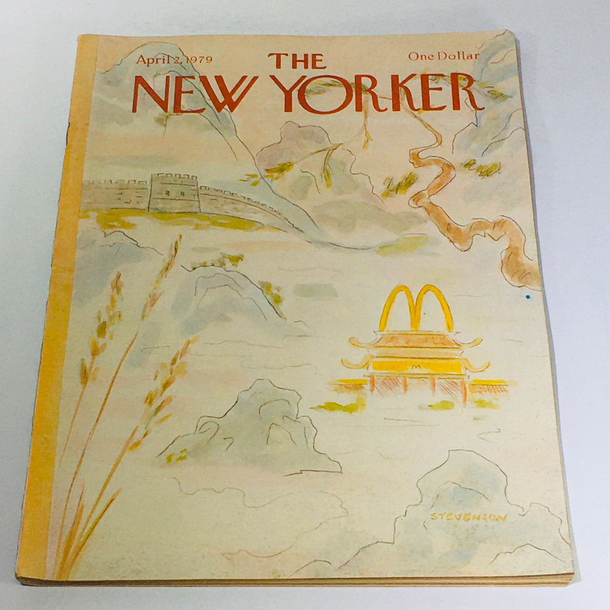 The New Yorker April 2 1979 Full Magazine with theme cover art by James Stevenson, showcasing an artistic representation of Asian architecture and natural scenery, capturing the essence of the era.