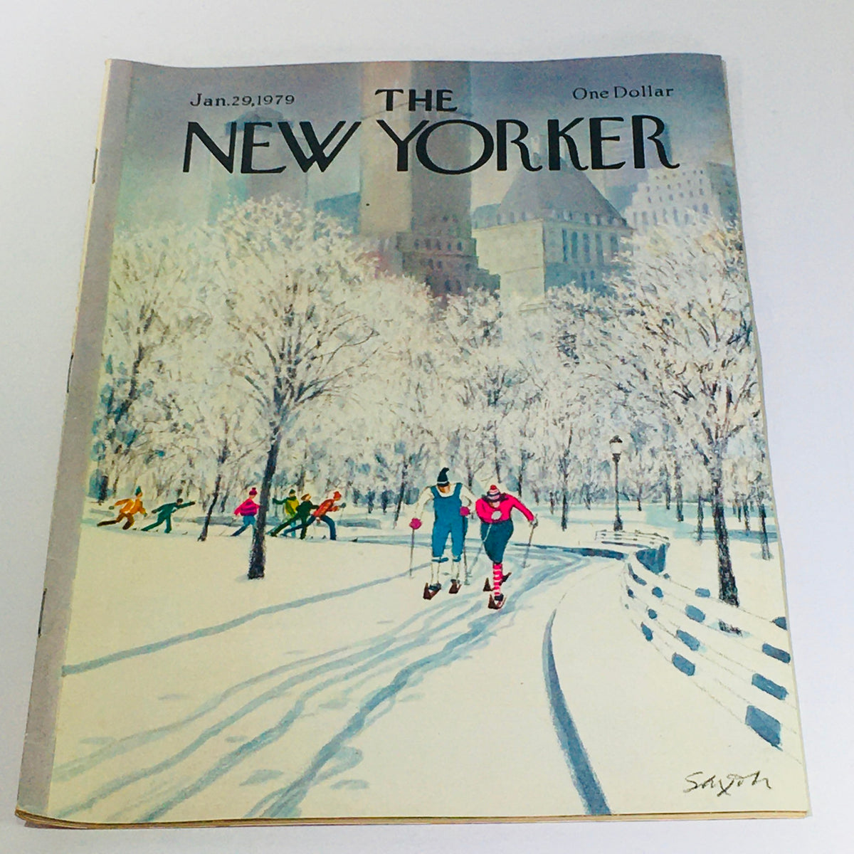 Cover of The New Yorker: January 29, 1979, featuring a winter theme illustration by Charles Saxon with people ice skating in a snow-covered park.