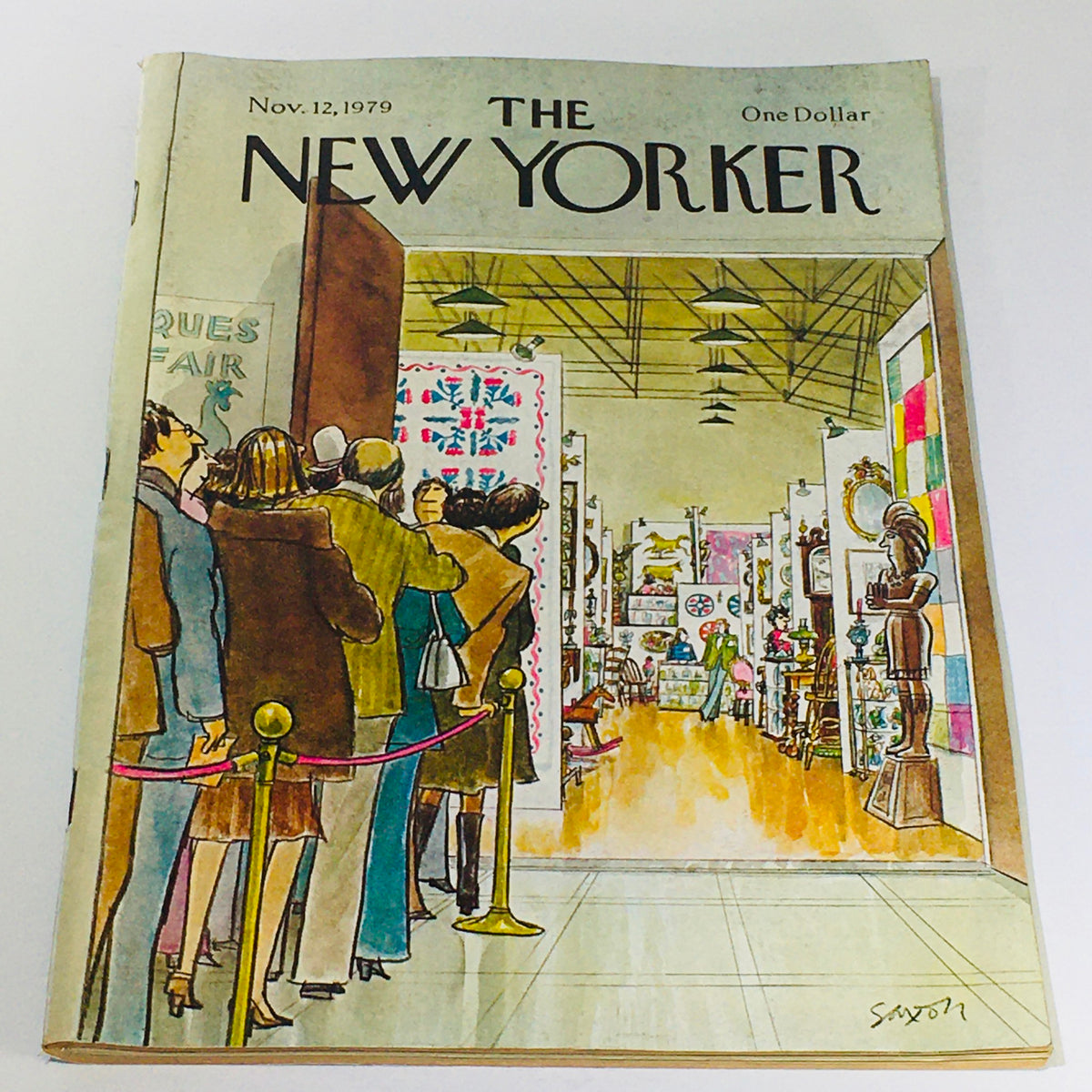 The New Yorker: November 12 1979 magazine cover illustrated by Charles Saxon, featuring a line of people waiting in an art exhibition.