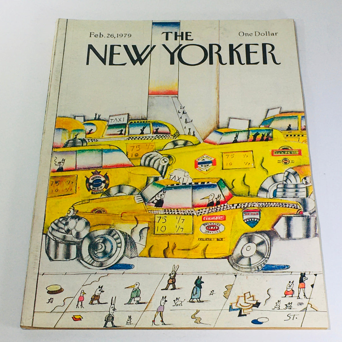 Cover of The New Yorker magazine from February 26, 1979, featuring whimsical illustrations of yellow taxis and cartoon characters, designed by Saul Steinberg.