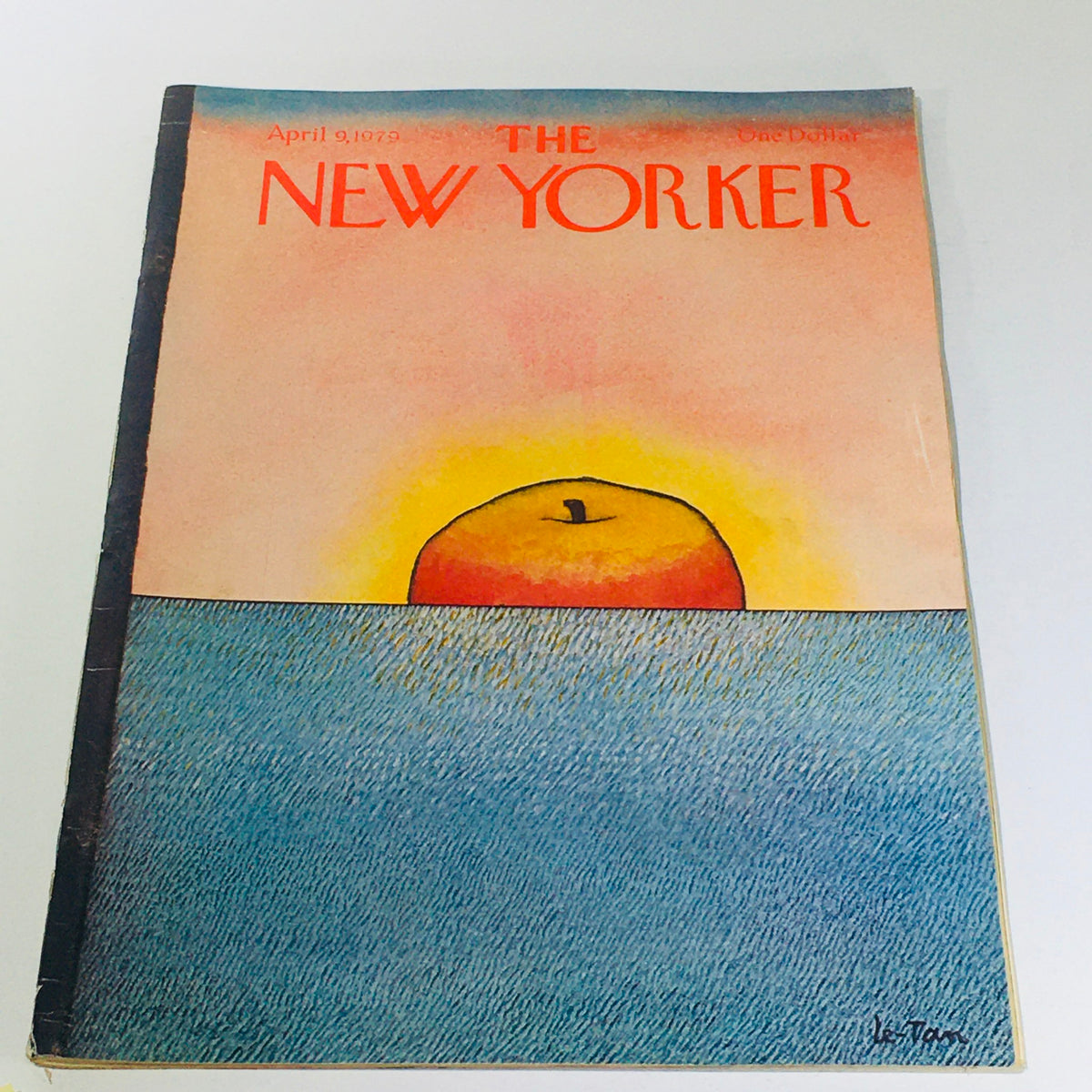 Cover of The New Yorker magazine from April 9, 1979, featuring a colorful illustration by Pierre Le-Tan with an apple and a sunrise, highlighting its vintage appeal.