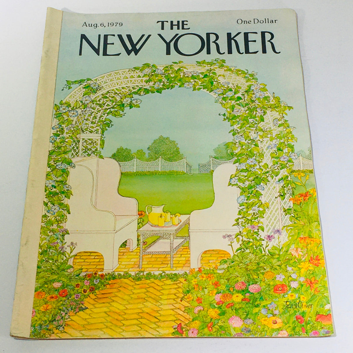 Cover of The New Yorker magazine dated August 6, 1979, illustrated by Jenni Oliver, featuring a serene garden scene with white chairs and vibrant flowers, reflecting the artistic style of the late 1970s.