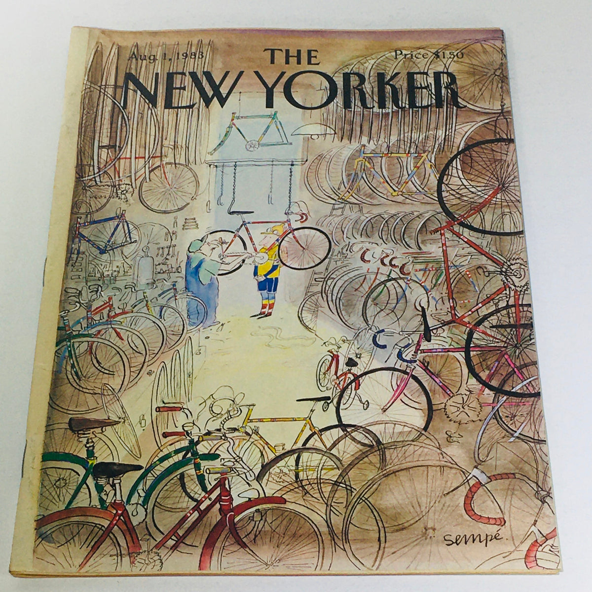 Cover of The New Yorker: August 1, 1983, featuring whimsical artwork by Jean-Jacques Sempe, depicting a bicycle workshop filled with colorful bicycles. This collectible magazine reflects cultural themes of the early '80s.