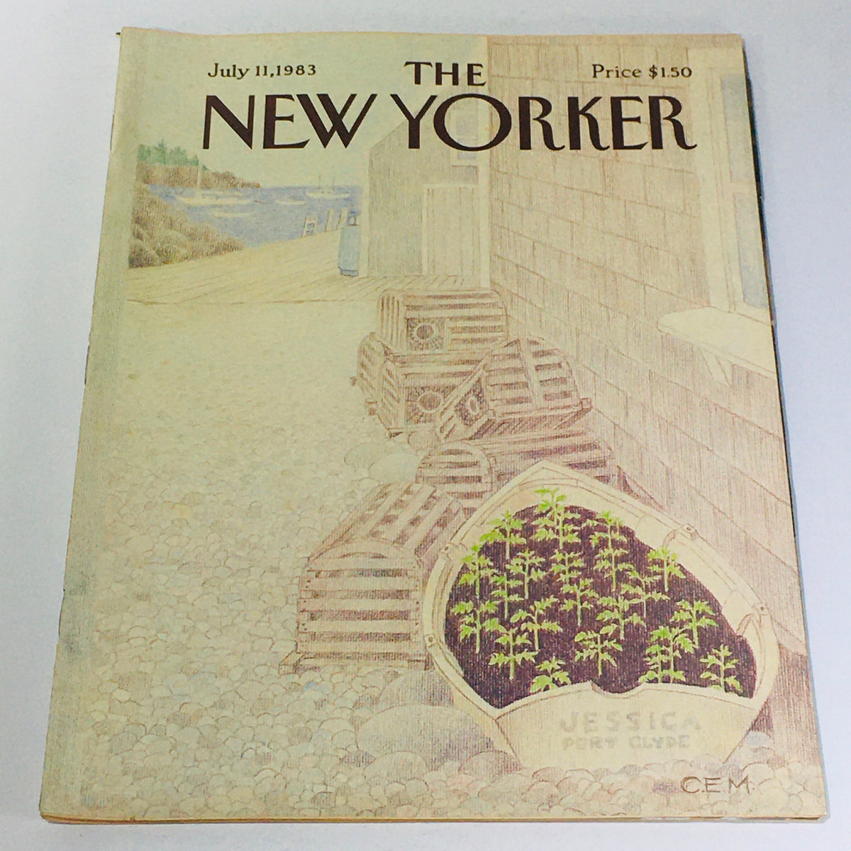 Cover of The New Yorker magazine dated July 11, 1983, featuring an illustration by Charles E. Martin, depicting a serene outdoor scene with a focus on garden boxes and the coastal landscape.