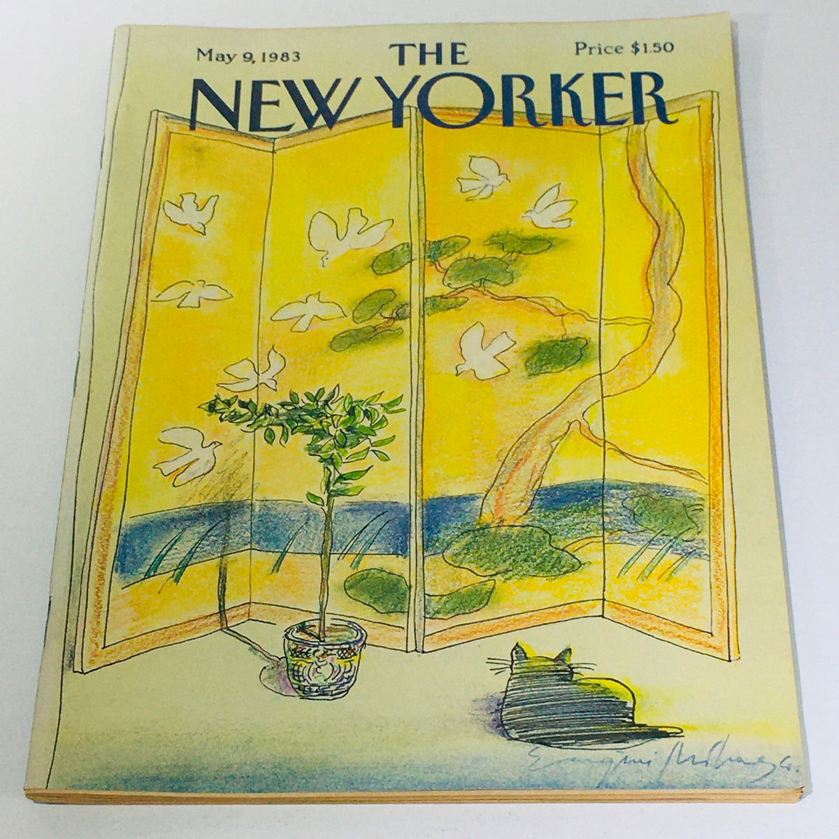 The New Yorker: May 9 1983 magazine cover featuring a calming illustration by Eugene Mihaesco, showcasing a serene indoor scene with a potted plant and a cat, highlighting the artistic style of the era.