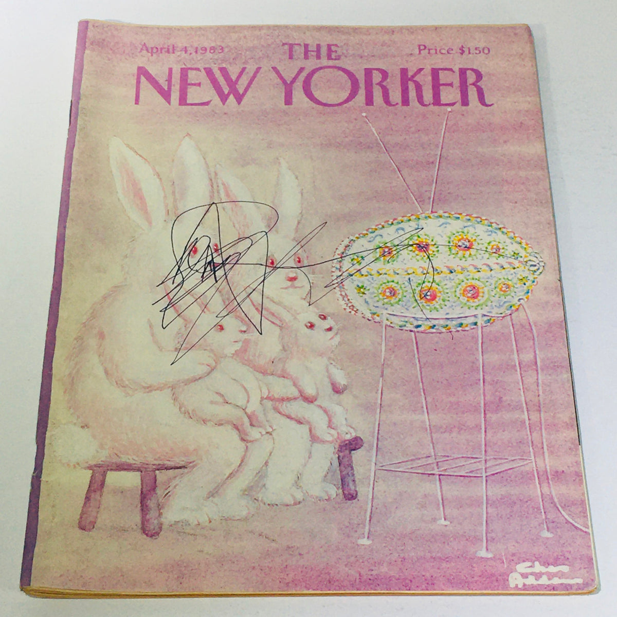 Cover of The New Yorker, April 4, 1983 featuring a whimsical illustration by Chas Addams, depicting rabbits and an intricate, decorative egg.