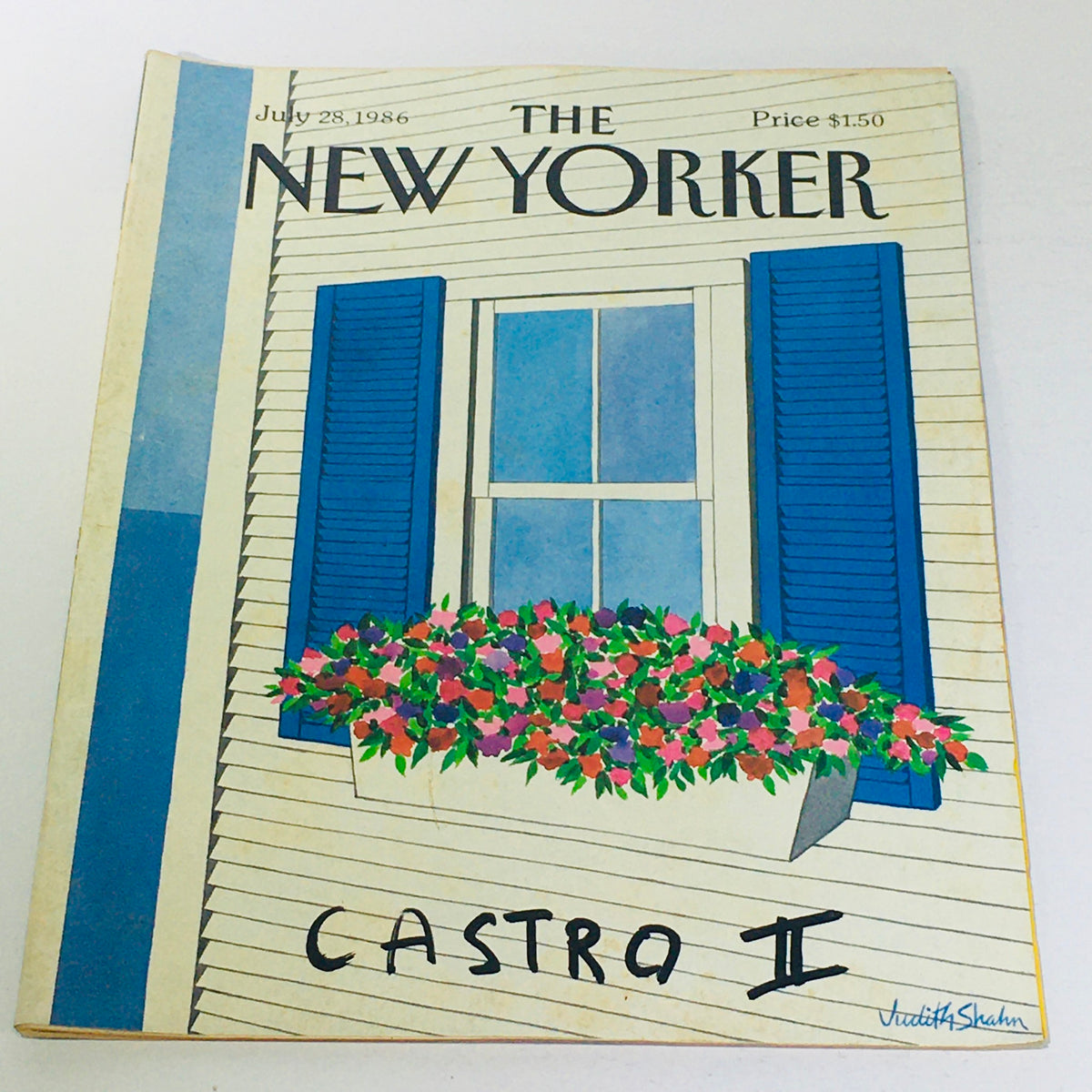 Cover of The New Yorker: July 28 1986 featuring a theme design by Judith Shahn, showcasing a white house with blue shutters and vibrant flower boxes.