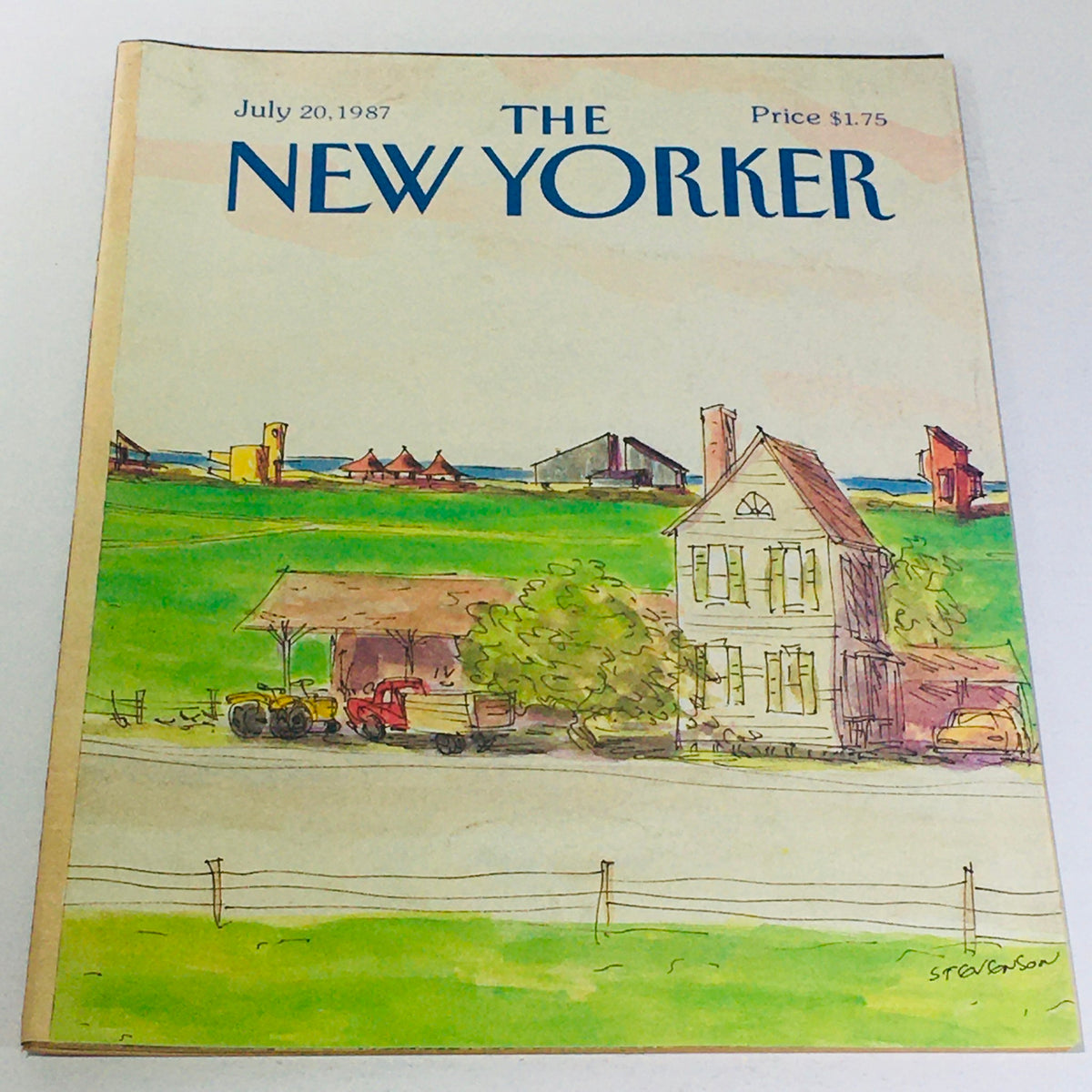 Cover of The New Yorker: July 20 1987 featuring a whimsical illustration by James Stevenson depicting a rural scene with a house, tractor, and scenic background.
