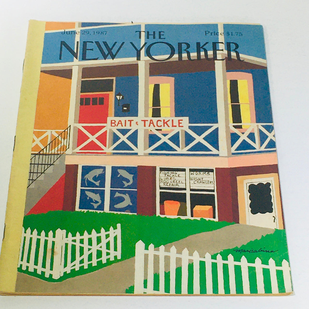 Cover of The New Yorker: June 29, 1987 featuring vibrant illustration of a bait and tackle shop with bright colors and artistic design by Marisabina Russo.
