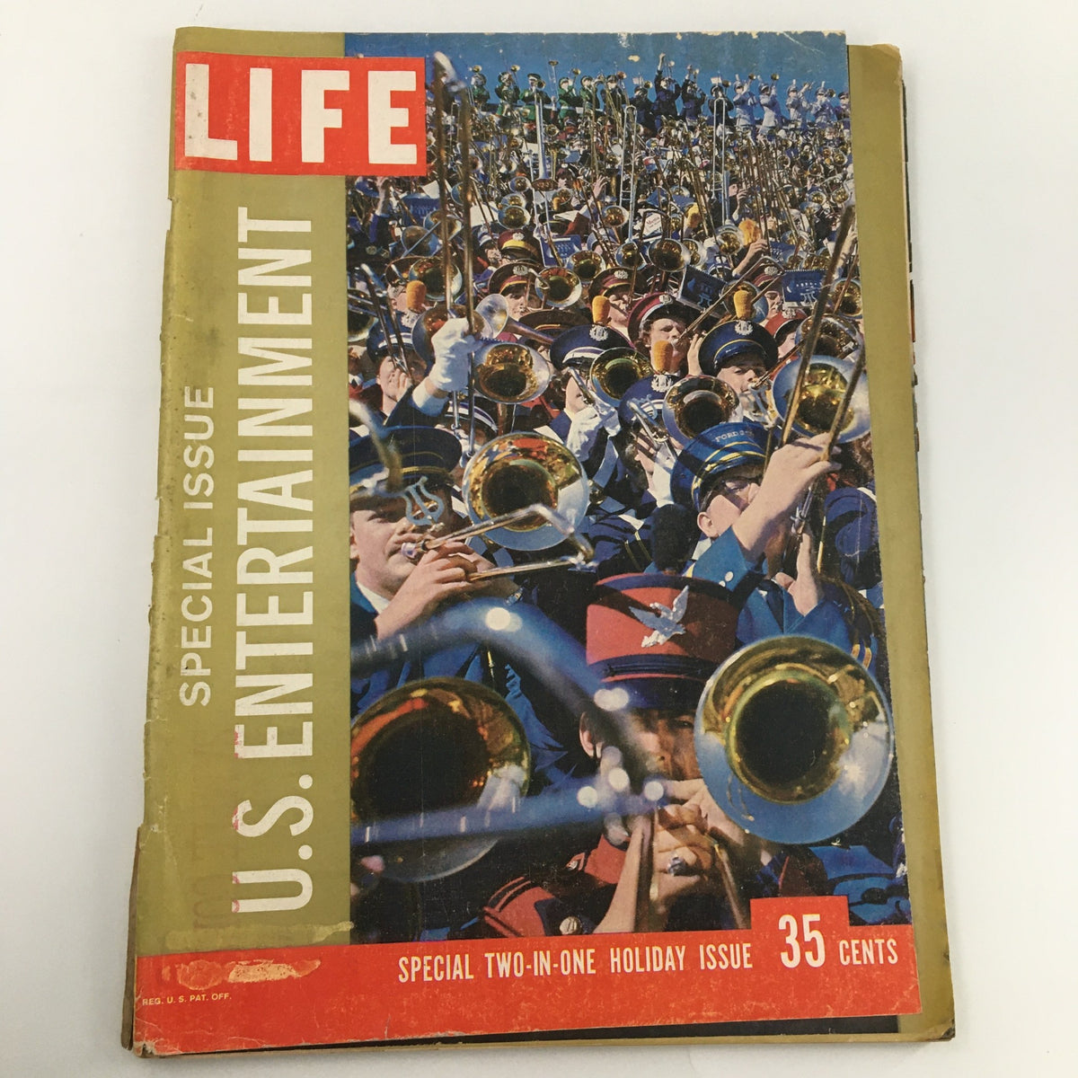 Cover of VTG Life Magazine December 22, 1958 featuring U.S. Entertainment Special with a large gathering of musicians holding trombones.