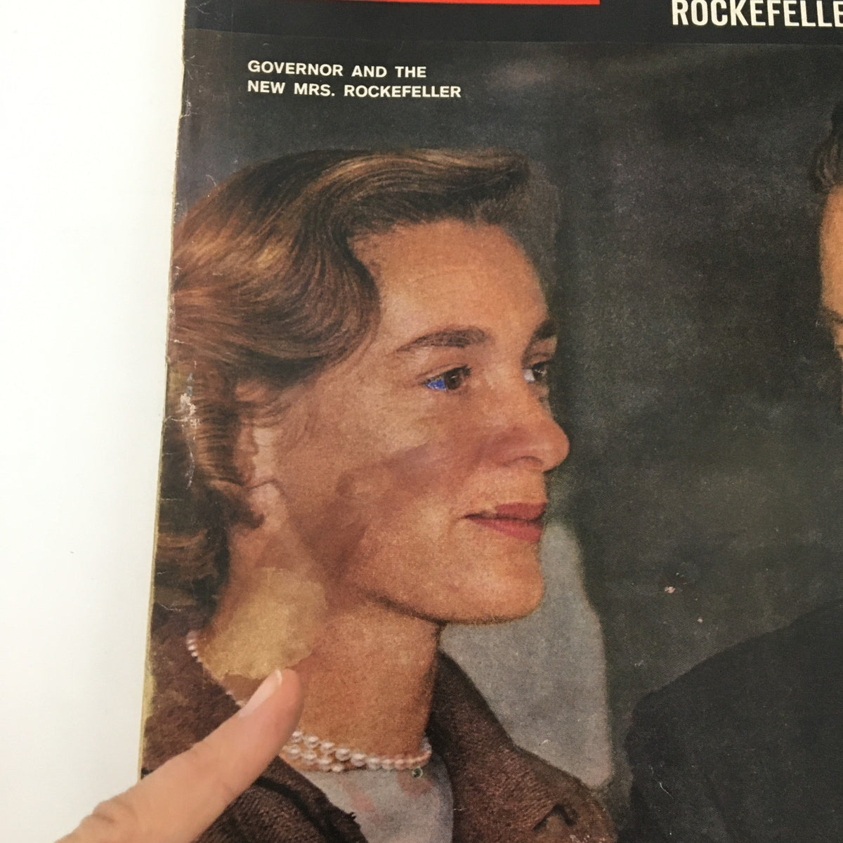 Cover image of the VTG Life Magazine from May 17, 1963, featuring a portrait of Mrs. Happy Rockefeller with Governor Nelson Rockefeller, highlighting their historical significance.
