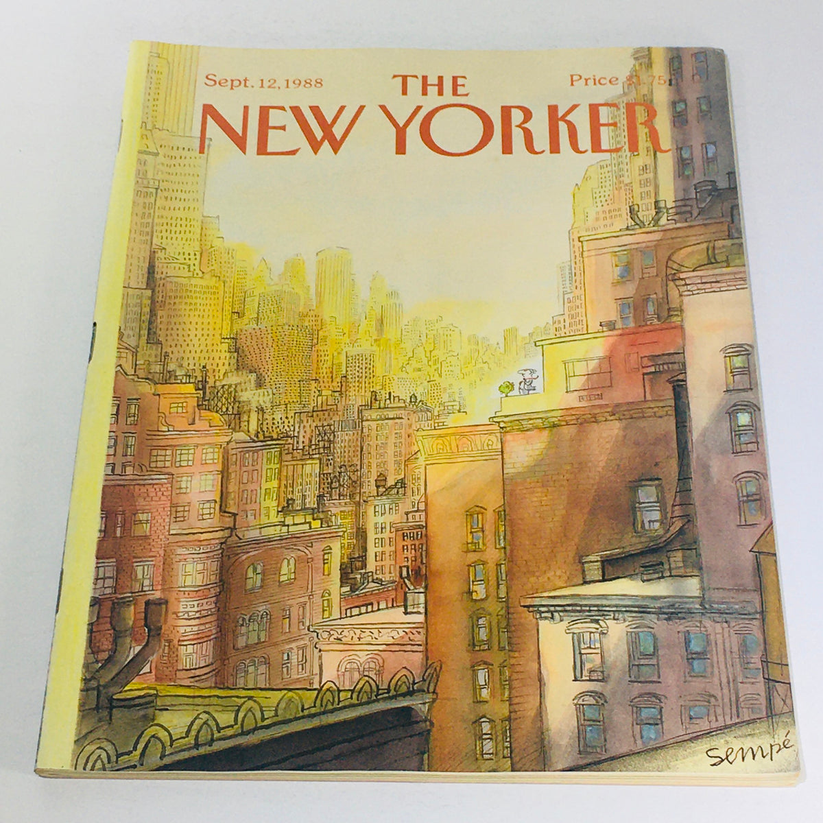 Cover of The New Yorker magazine from September 12, 1988, illustrated by Jean-Jacques Sempe, showcasing a vibrant cityscape with colorful buildings and artistic design.